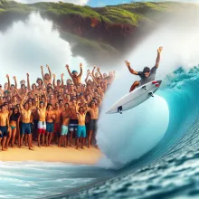 surfista haciendo una maniobra radical en una enorme ola en la playa de Pipeline, con espectadores animando desde la orilla. Cielo despejado y agua azul cristalina.