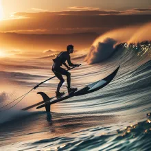 Descripción de la imagen: Un surfista montado en una tabla hidrofoilante navegando sobre olas medianas al atardecer, con el perfil de ala sumergida claramente visible bajo el agua.