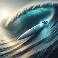 Una tabla de surf de alta tecnología con materiales avanzados y sensores, en una ola impresionante, destacando innovación y sostenibilidad.