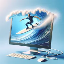 Imagen de un surfista montado en una pantalla de ordenador, mostrando una ola virtual