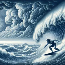 Una imagen que muestra a un surfista enfrentando una gran ola con un cielo tormentoso de fondo, representando la turbulencia y los cambios en el clima oceánico.