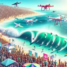 Una animada y colorida playa con surfistas compitiendo en una ola gigante y drones sobrevolando la escena. Al fondo, una gran audiencia animando y varias pancartas sobre ecología y protección de los océanos.