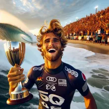 Felipe Toledo celebrando su victoria en el Surf Ranch Pro 2023, con la ola perfecta de fondo y el público vitoreando.