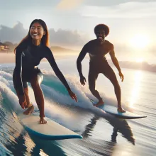 Una imagen de surfers en sus tablas ecológicas disfrutando de una ola al amanecer, con trajes de neopreno sostenibles, en una playa limpia y bien cuidada.