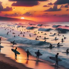 una playa con olas grandes al atardecer, surfistas usando eco-tableros GreenWave, y una atmósfera vibrante y de comunidad