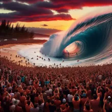 Kai Walters cabalgando una enorme ola en Pipeline, Hawái, con el público aplaudiendo y una puesta de sol de fondo