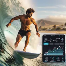 Foto de un surfista en acción montando una ola impresionante mientras sostiene una tabla de surf con sensores integrados y una vista de la playa con una app en primer plano mostrando datos en tiempo real sobre su rendimiento y condiciones del mar.