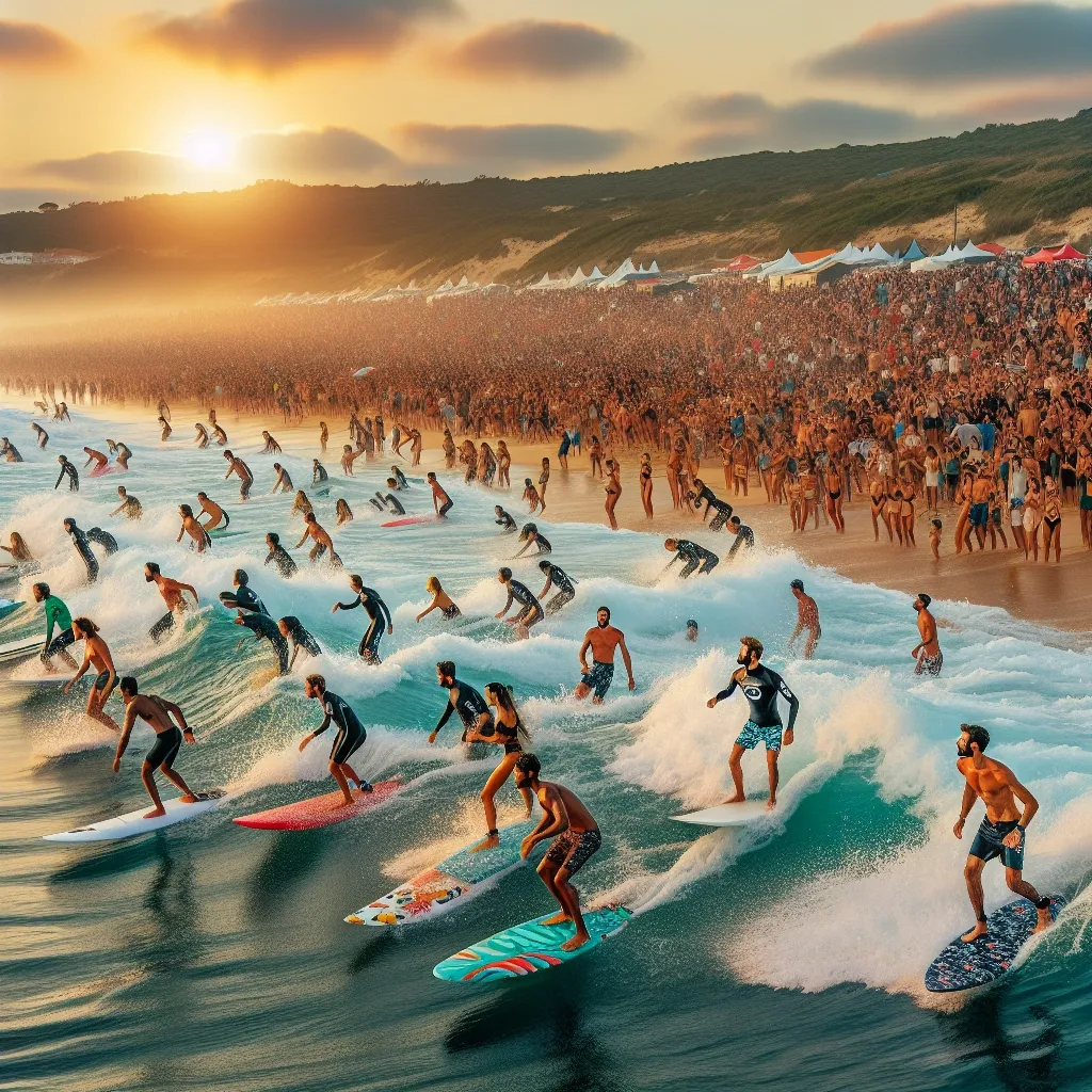 Descripción para la foto: Una playa vibrante en Portugal durante el evento Green Waves Championship, con surfistas cabalgando olas usando tablas de surf ecológicas mientras el público observa desde la arena.