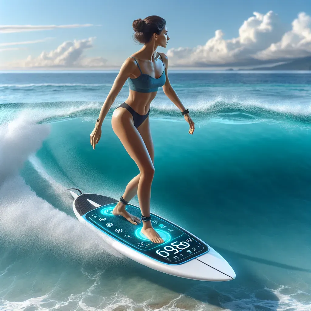 Foto de un surfista en una tabla inteligente en una ola, con una pantalla OLED visible en la tabla mostrando información de rendimiento en tiempo real. El mar azul y el cielo despejado de fondo completan la escena