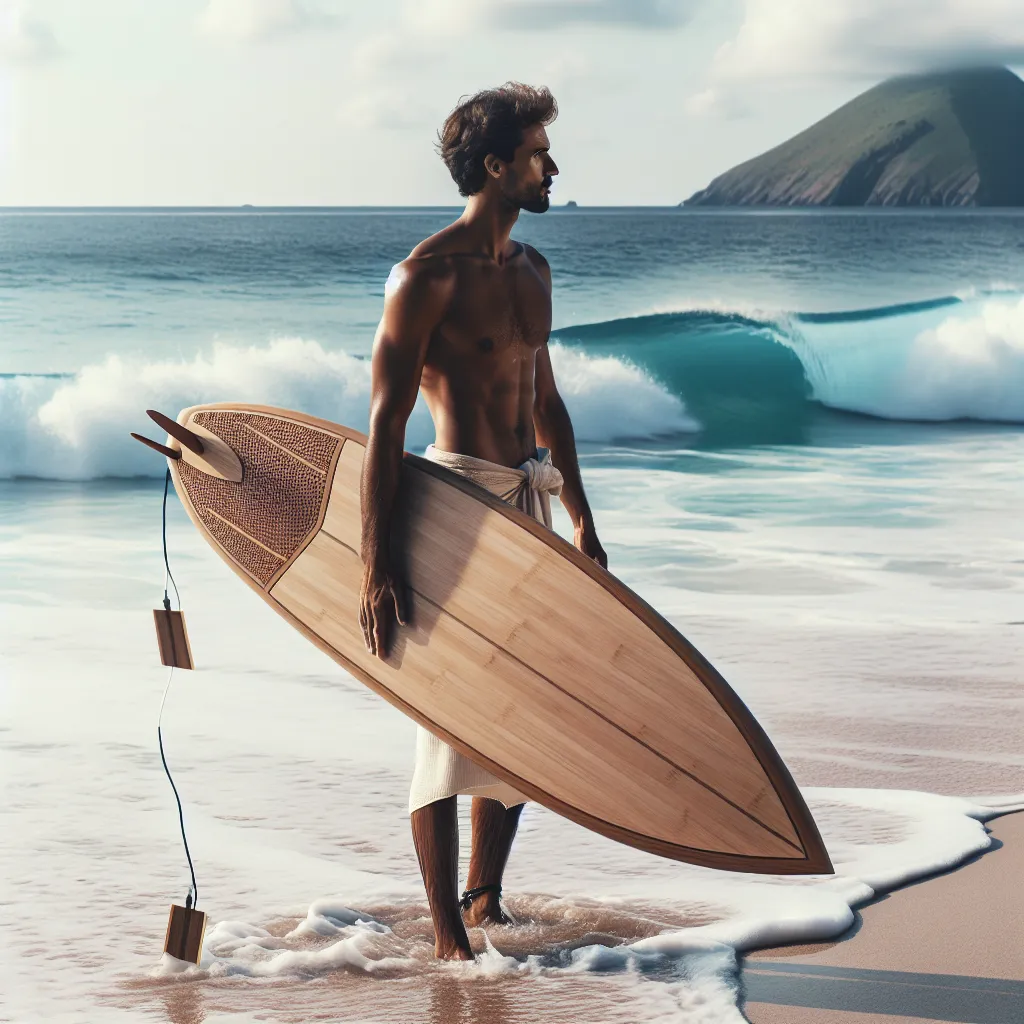 Una tabla de surf ecológica de bambú y bioplásticos, en primer plano sobre una playa hermosa con olas perfectas rompiendo en el fondo y un surfista listo para entrar al agua