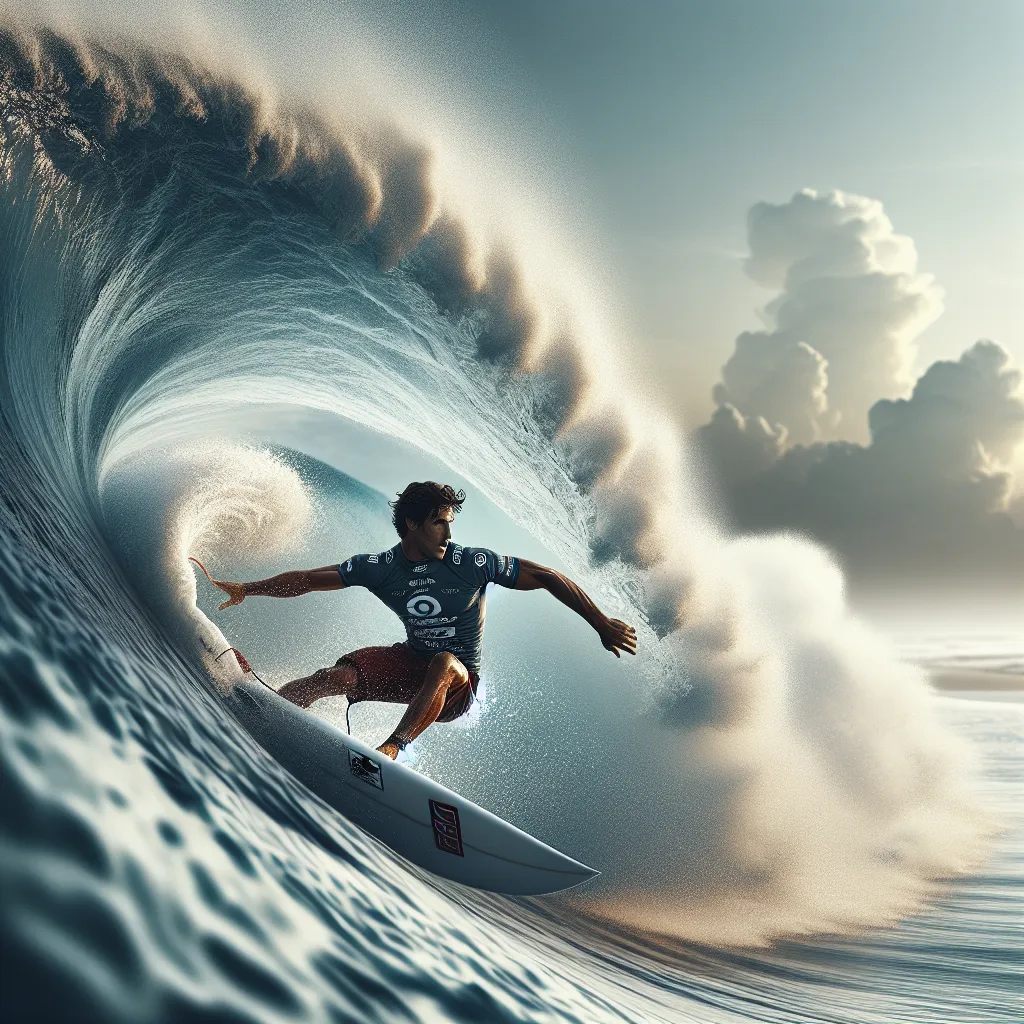 Fotografía de Gabriel Medina en el momento de ejecutar su maniobra de tubo durante la competencia, con olas enormes de fondo y un cielo claro. La imagen debe capturar la velocidad, la técnica y la concentración del surfista.