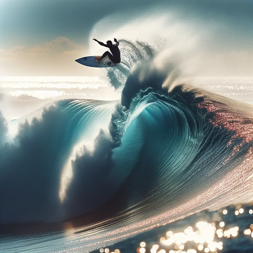 Fotografía de un surfista realizando una maniobra impresionante en una ola grande, capturada en un momento épico con el océano de fondo.