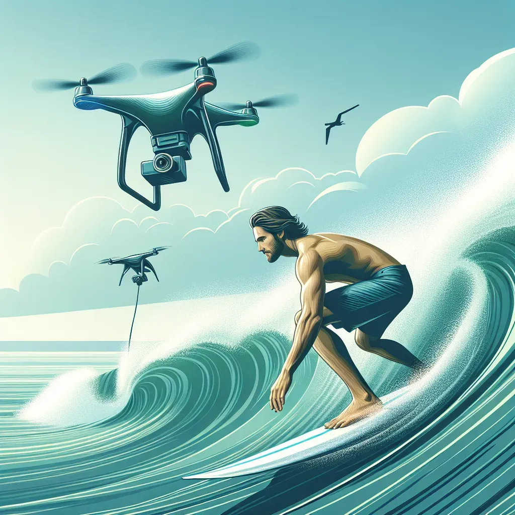 Imagen de un surfista montando una ola en una tabla de surf inteligente con una cámara de dron capturando la acción desde arriba. La imagen muestra el océano, el surfista y el dron en perfecta armonía bajo un cielo despejado.