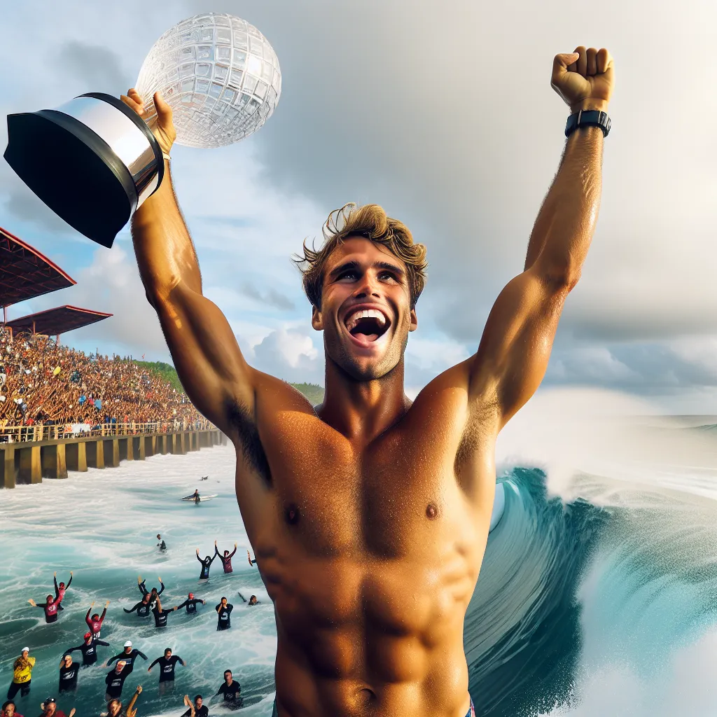 Un Gabriel Medina emocionado levanta su trofeo tras ganar la cuarta corona mundial en las magistrales olas de Teahupo'o, bajo un cielo despejado y frente a un público entusiasta.