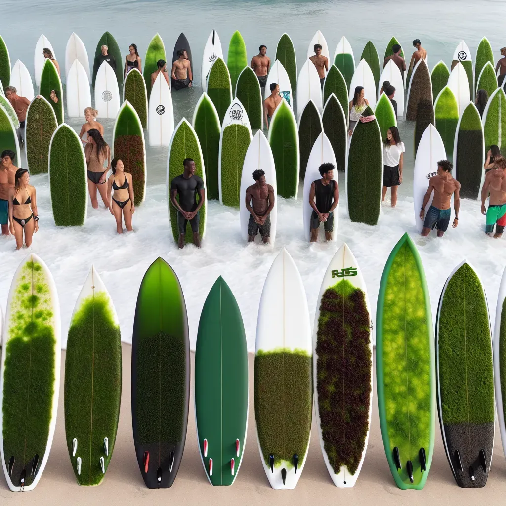 Tablas de surf hechas de algas marinas alineadas en una playa, destacando su diseño innovador y ecológico. Al fondo, surfistas disfrutando de las olas con dichas tablas.