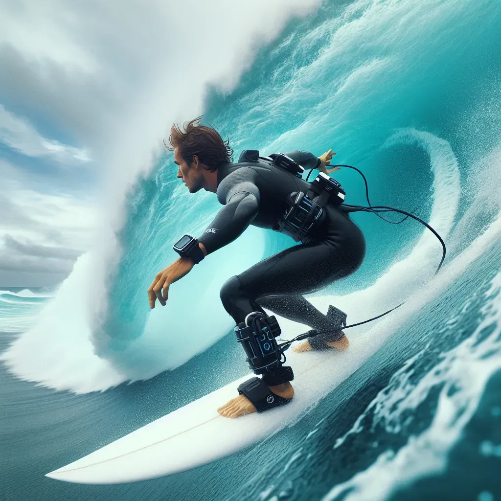 Foto de un surfista en acción, con dispositivos de monitoreo.