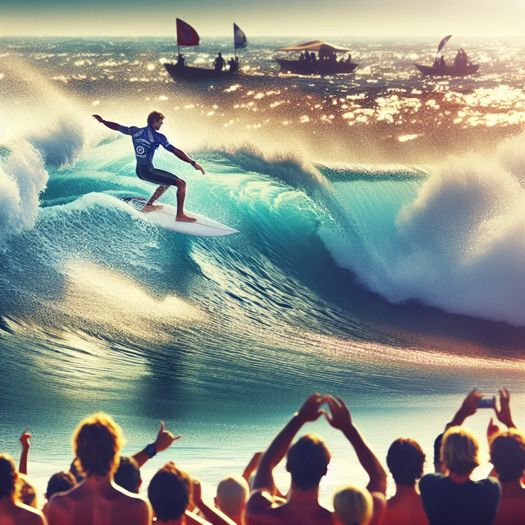 Imagen de Gabriel Medina montando una ola impresionante durante el Rip Curl Pro. Océano azul brillante y Medina en una pose dinámica sobre la ola. El público animando desde la orilla.